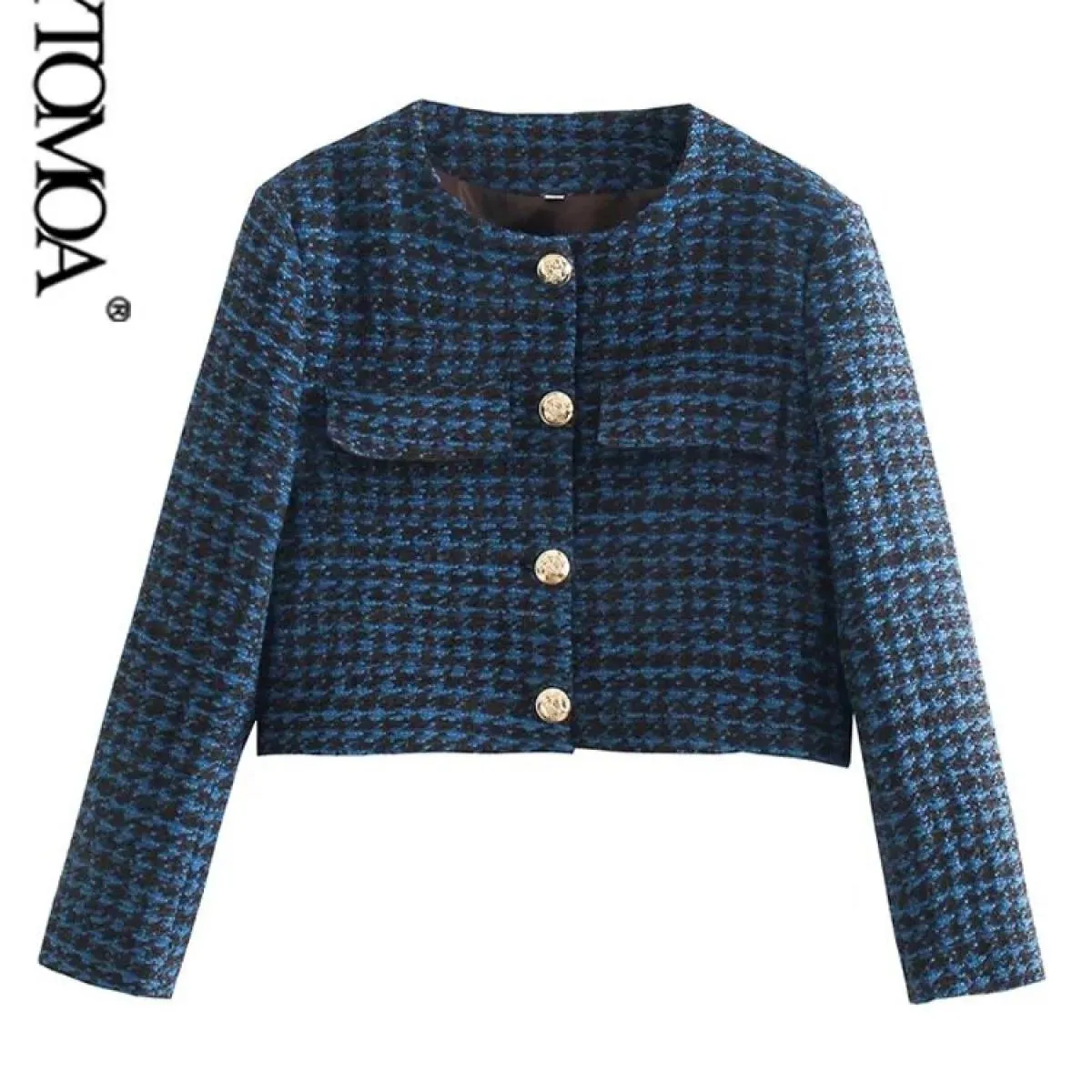 Kpytomoa Moda Donna Con Bottoni In Metallo Tweed Crop Blazer Cappotto Vintage O Collo Manica Lunga Capispalla Femminile Chic Ves
