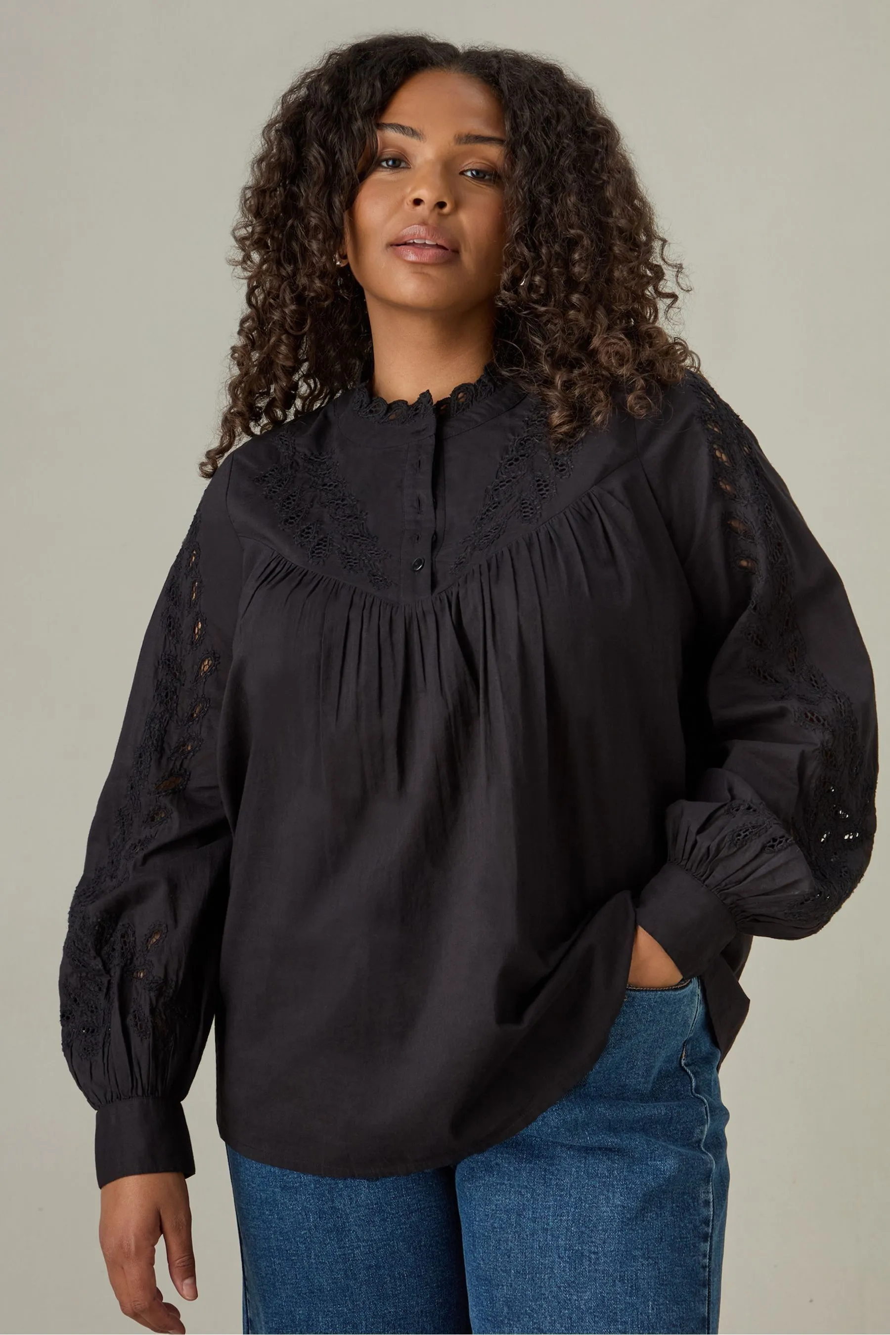 Live Unlimited Live Unlimited Curve Cotton Cut Work Detail 100% Cotton Blouse    