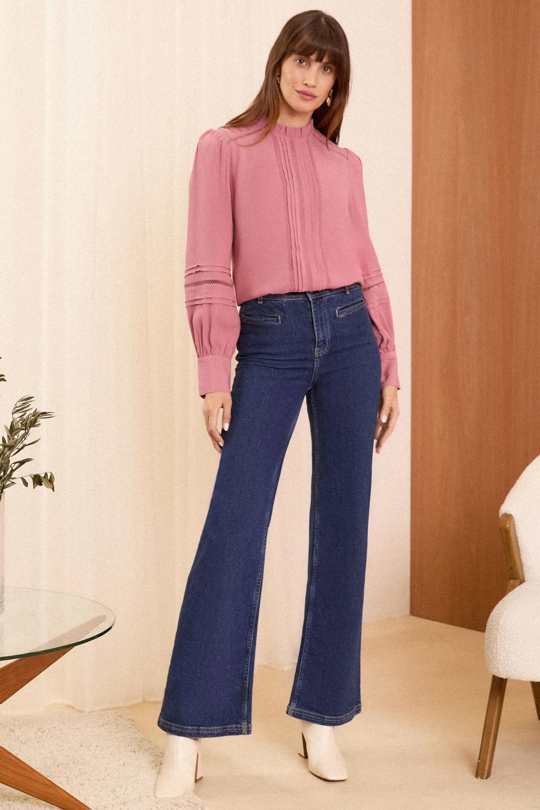 Love & Roses Ruffle Neck Pintuck Detail Long Sleeve Blouse    