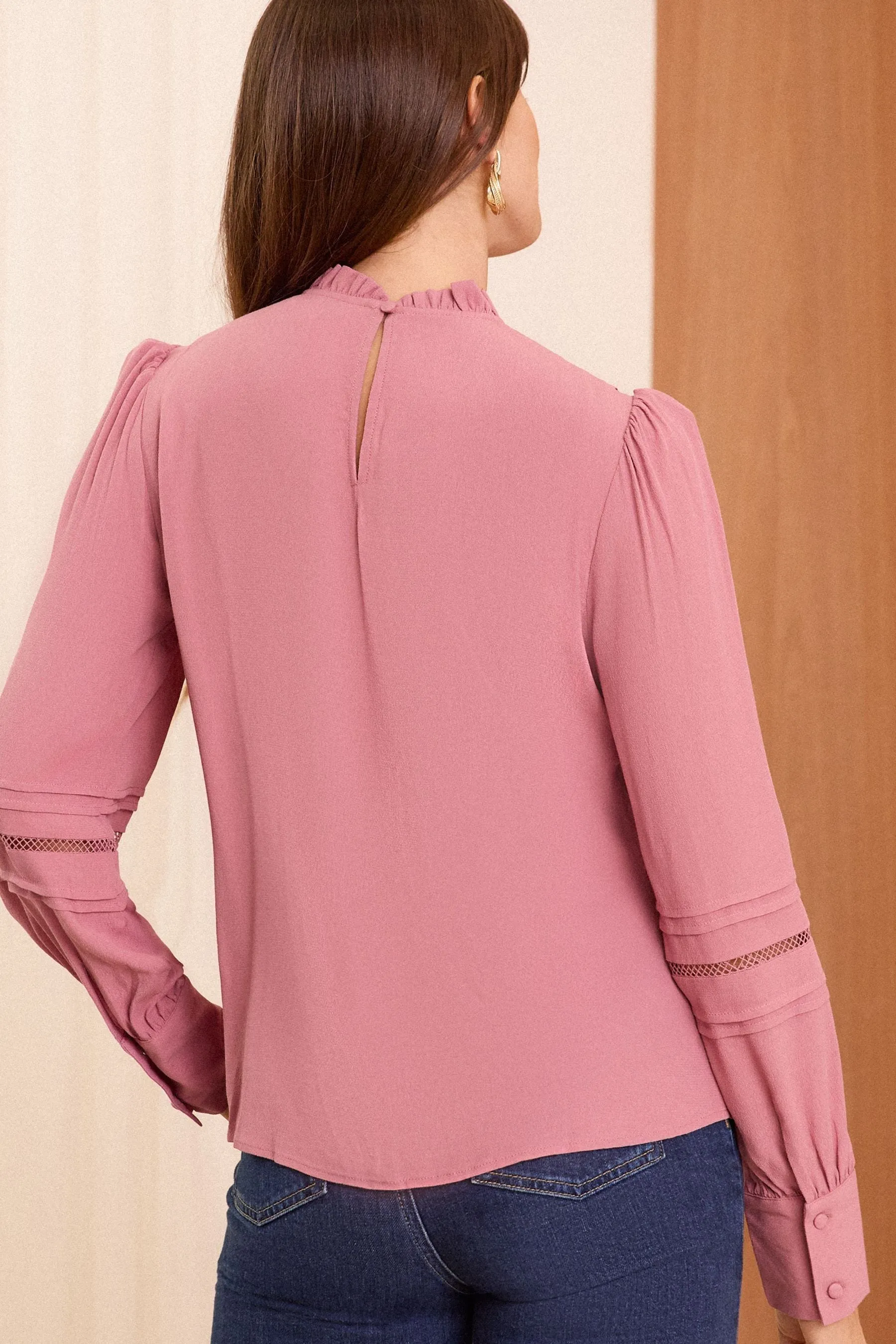Love & Roses Ruffle Neck Pintuck Detail Long Sleeve Blouse    