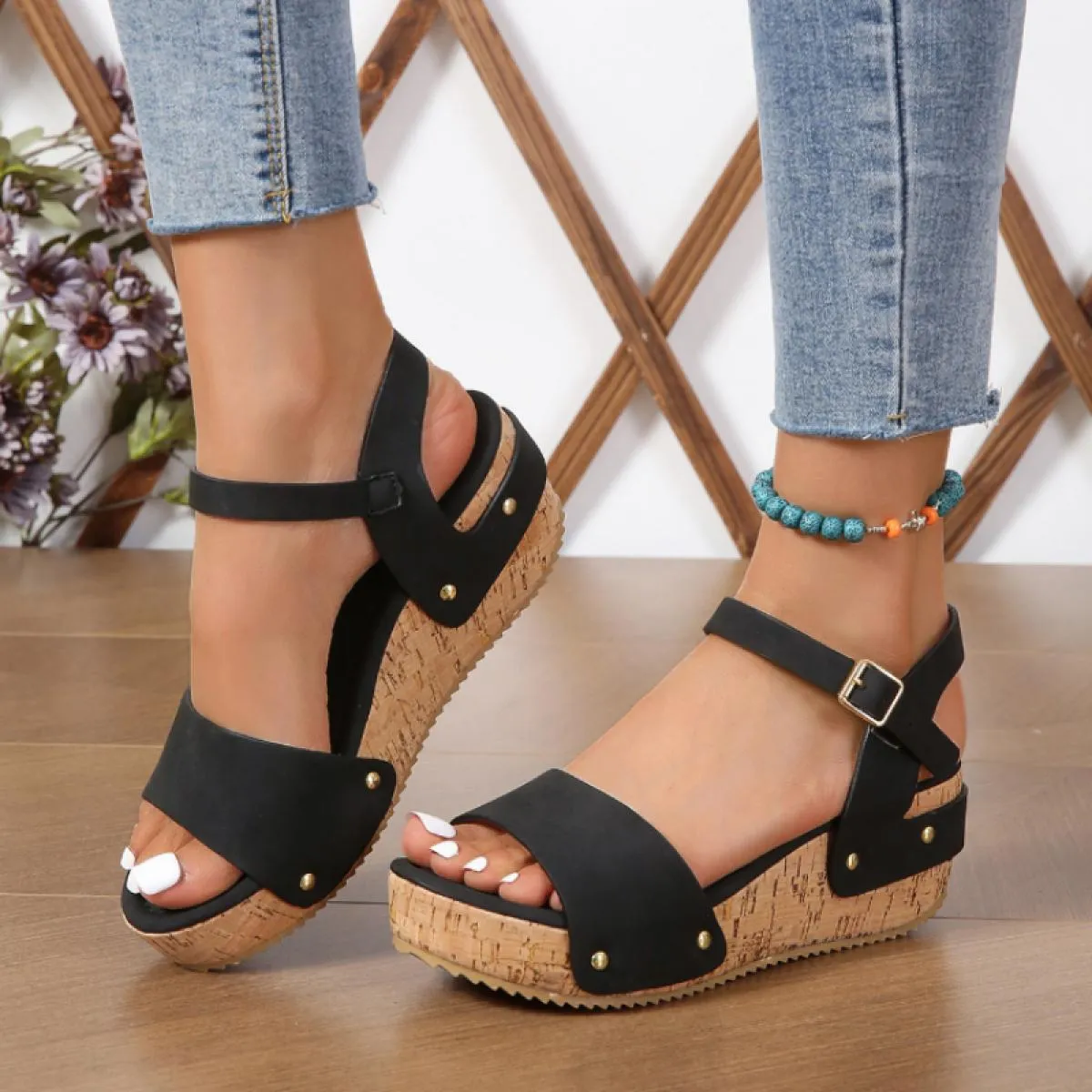 Lucyever Sandali con zeppa con fibbia alla caviglia per donna Estate 2023 Sandali con plateau patchwork Donna Suola spessa Sanda