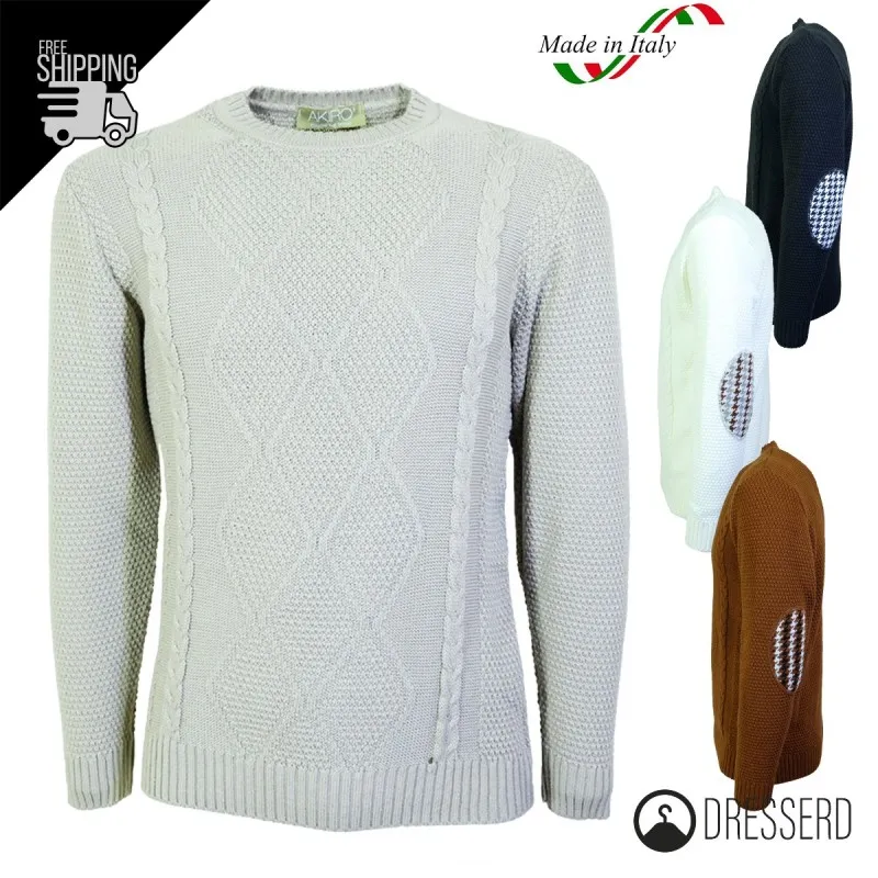 Maglia Uomo Invernale Toppe Colorate Manica Trama Pesante Girocollo Maglione Dresserd