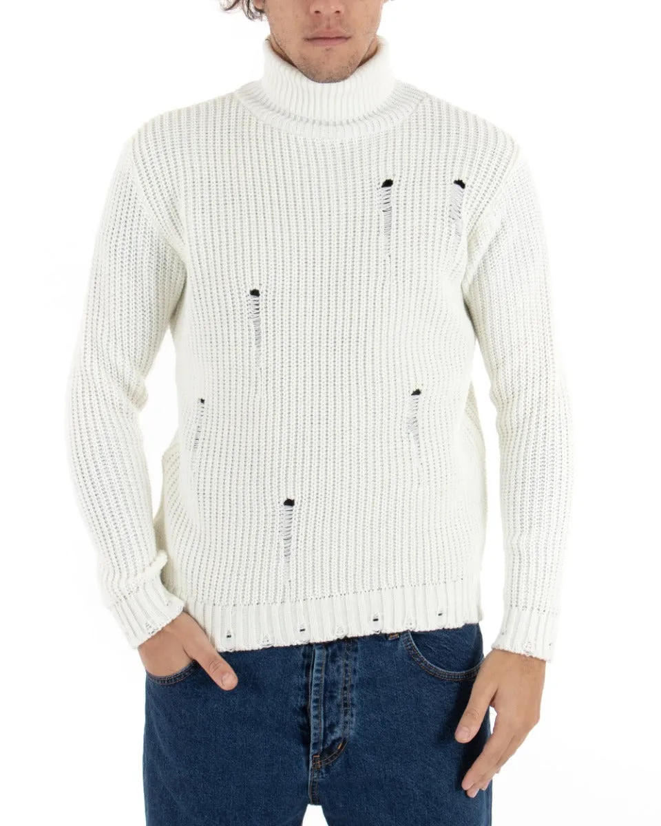 Maglioncino Uomo Collo Alto Bianco Maglia Dolcevita Con Rotture GIOSAL-M2470A