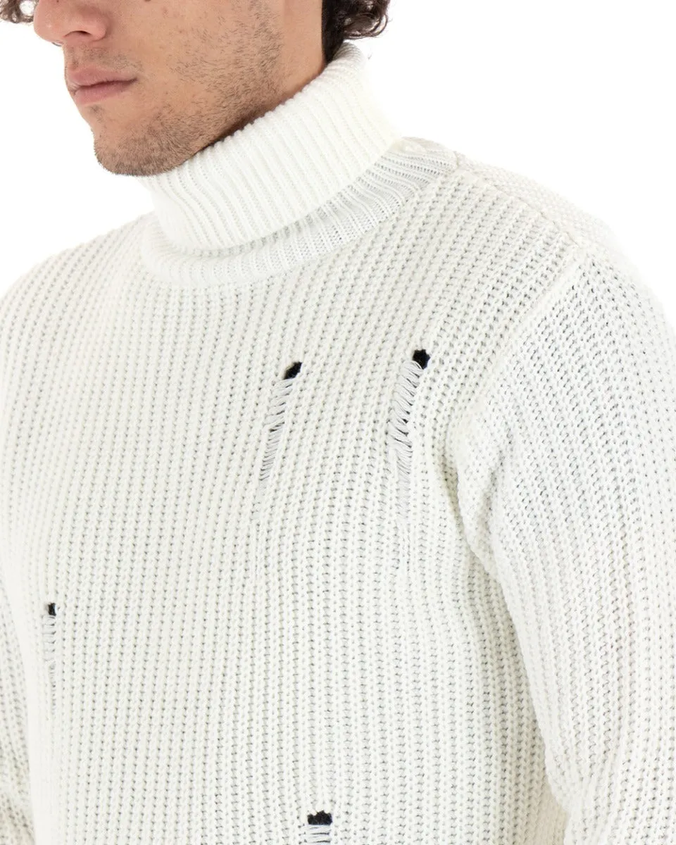 Maglioncino Uomo Collo Alto Bianco Maglia Dolcevita Con Rotture GIOSAL-M2470A