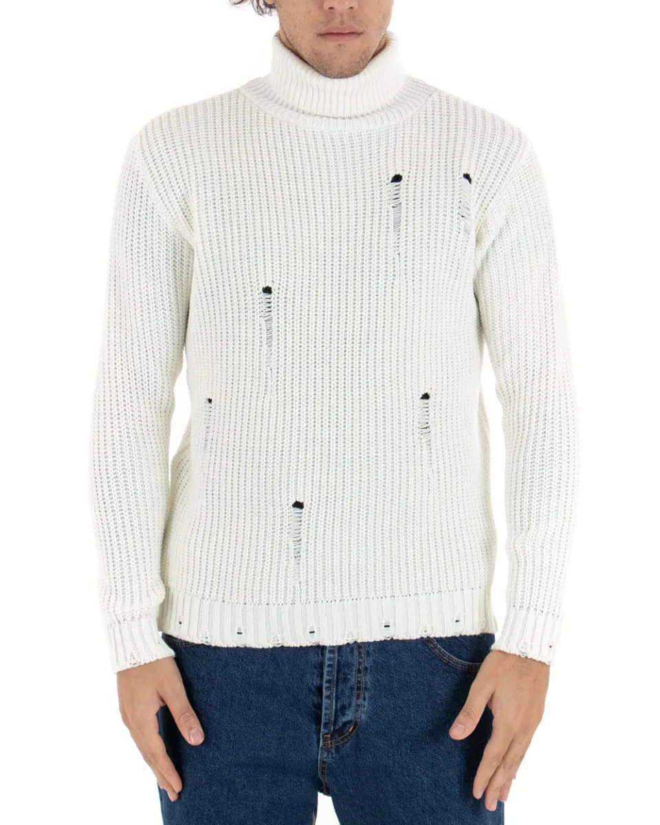 Maglioncino Uomo Collo Alto Bianco Maglia Dolcevita Con Rotture GIOSAL-M2470A