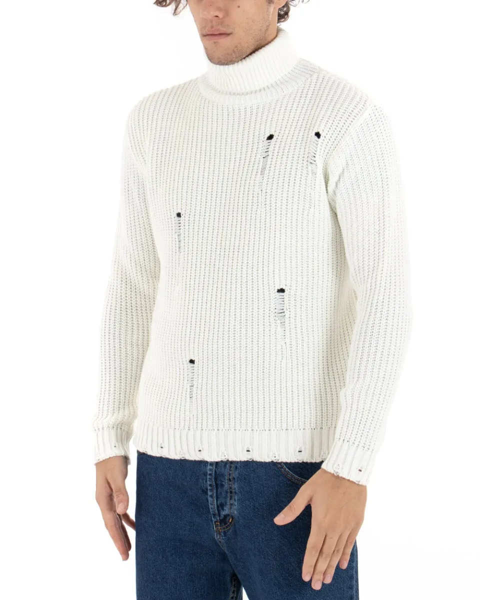Maglioncino Uomo Collo Alto Bianco Maglia Dolcevita Con Rotture GIOSAL-M2470A