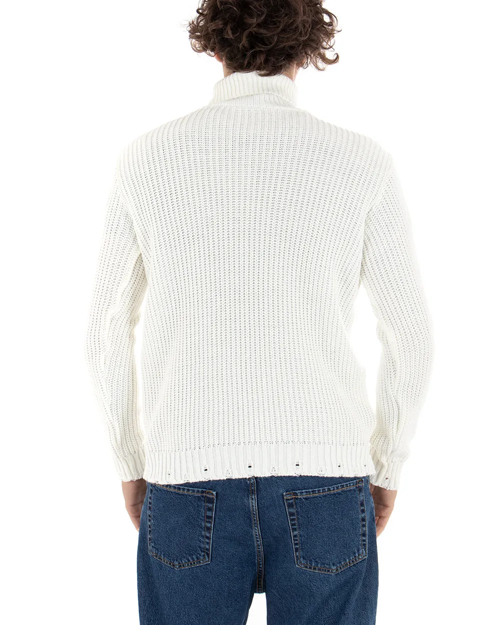 Maglioncino Uomo Collo Alto Bianco Maglia Dolcevita Con Rotture GIOSAL-M2470A