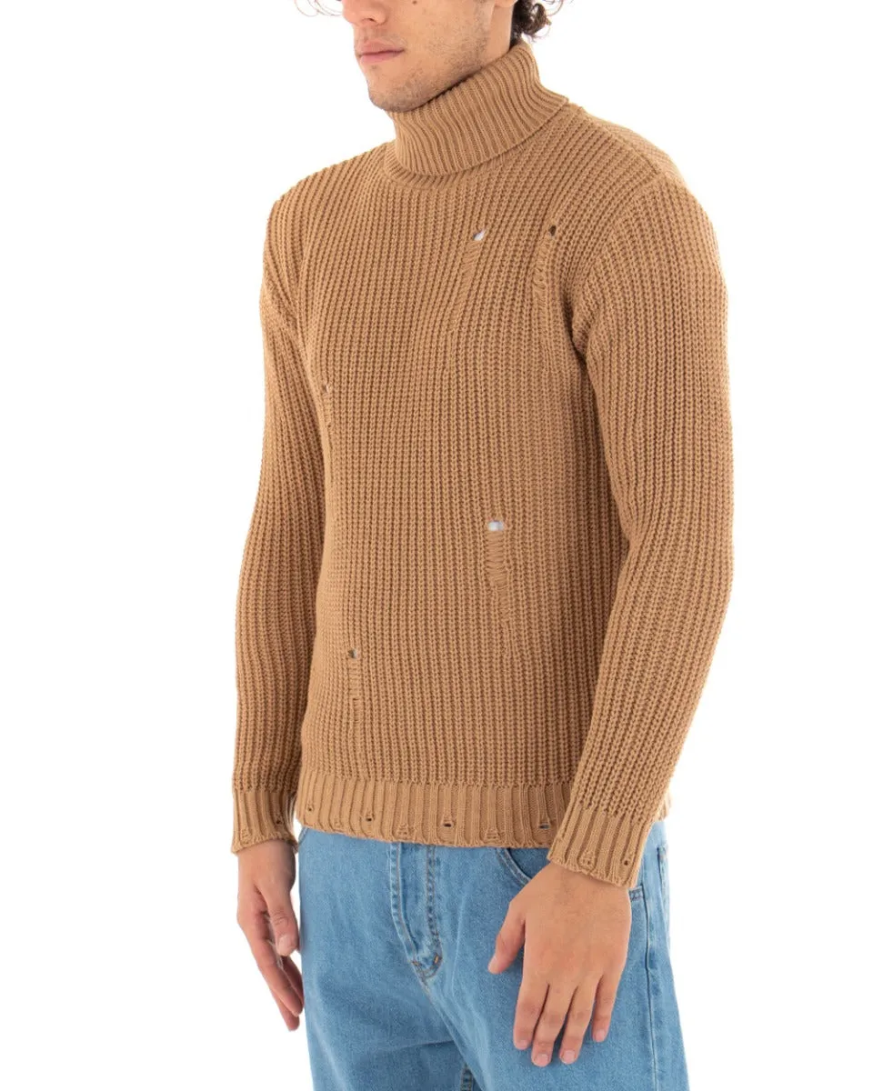 Maglioncino Uomo Collo Alto Camel Maglia Dolcevita Con Rotture GIOSAL-M2469A