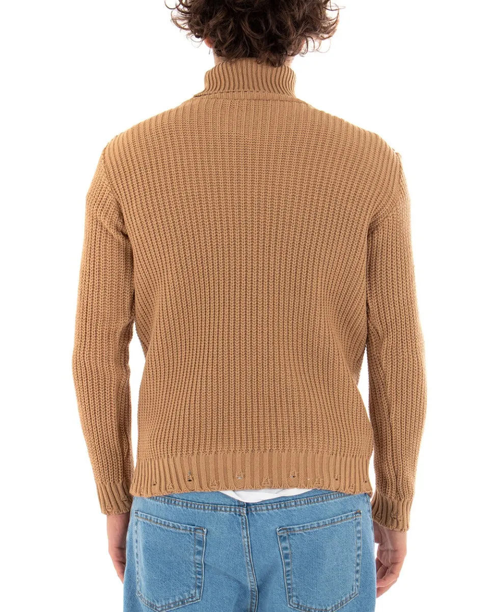 Maglioncino Uomo Collo Alto Camel Maglia Dolcevita Con Rotture GIOSAL-M2469A