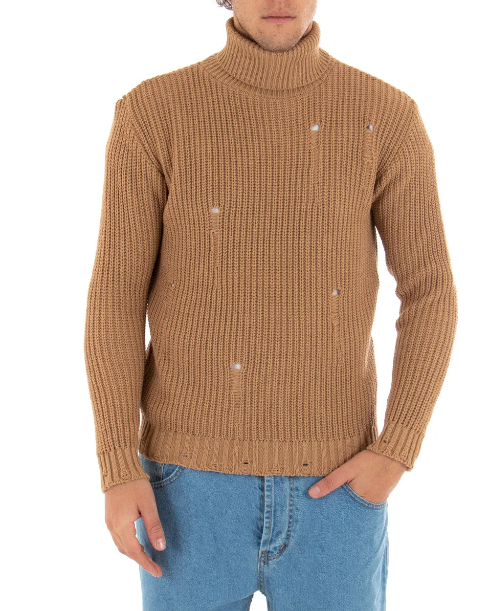 Maglioncino Uomo Collo Alto Camel Maglia Dolcevita Con Rotture GIOSAL-M2469A