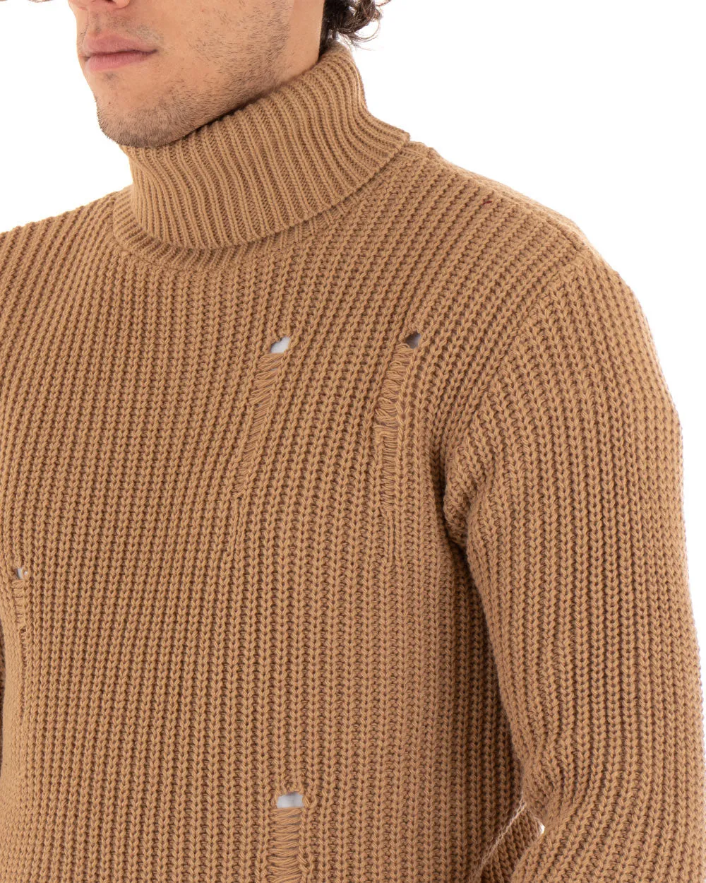 Maglioncino Uomo Collo Alto Camel Maglia Dolcevita Con Rotture GIOSAL-M2469A