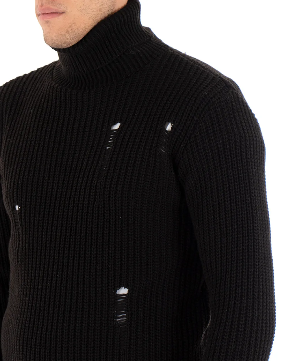 Maglioncino Uomo Collo Alto Nero Maglia Dolcevita Con Rotture GIOSAL-M2471A