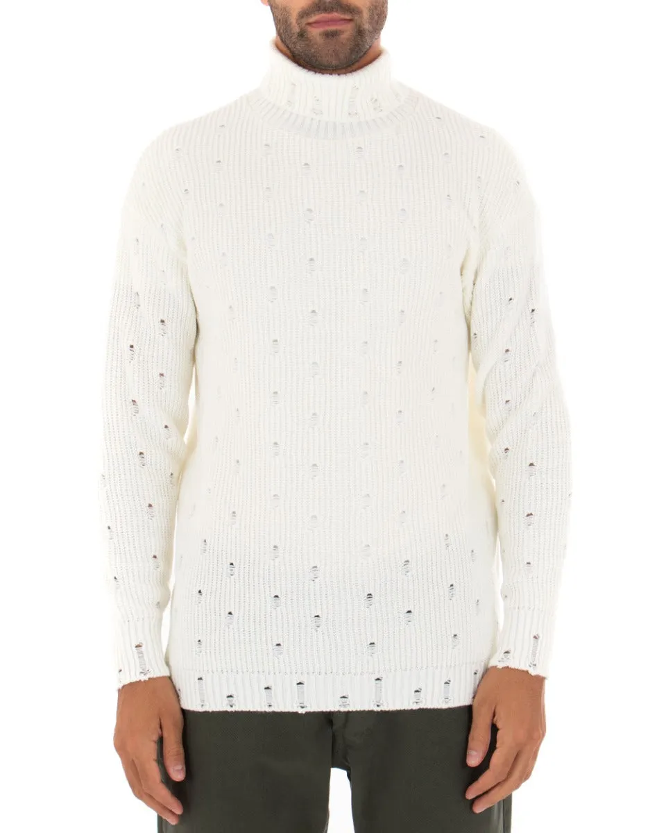 Maglioncino Uomo Collo Alto Tinta Unita Bianco Maglia Dolcevita Con Rotture GIOSAL-M2291A