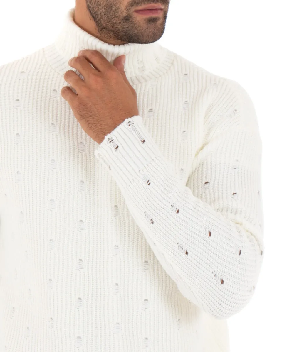 Maglioncino Uomo Collo Alto Tinta Unita Bianco Maglia Dolcevita Con Rotture GIOSAL-M2291A