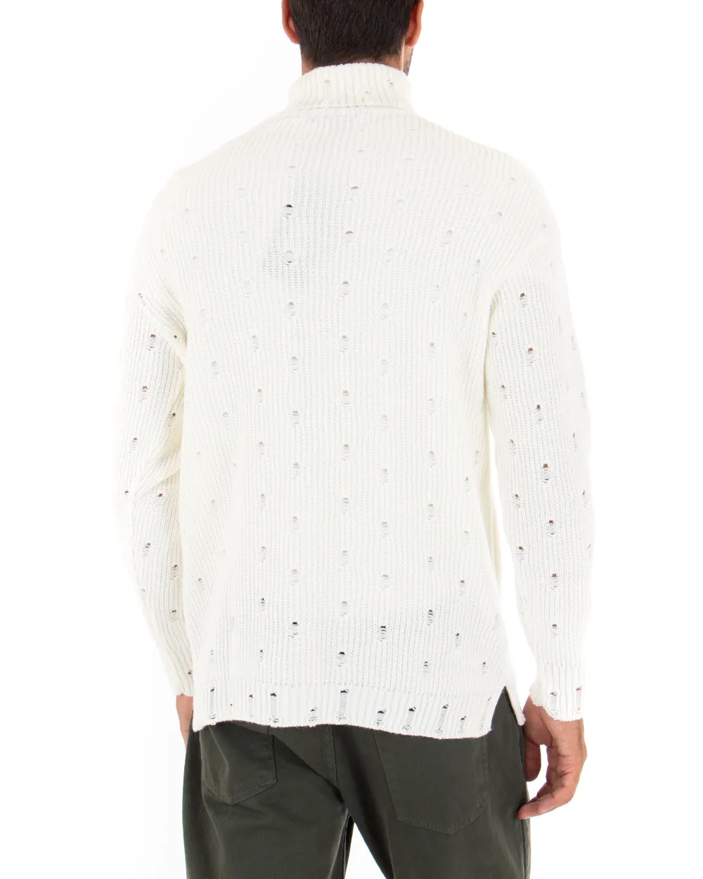 Maglioncino Uomo Collo Alto Tinta Unita Bianco Maglia Dolcevita Con Rotture GIOSAL-M2291A