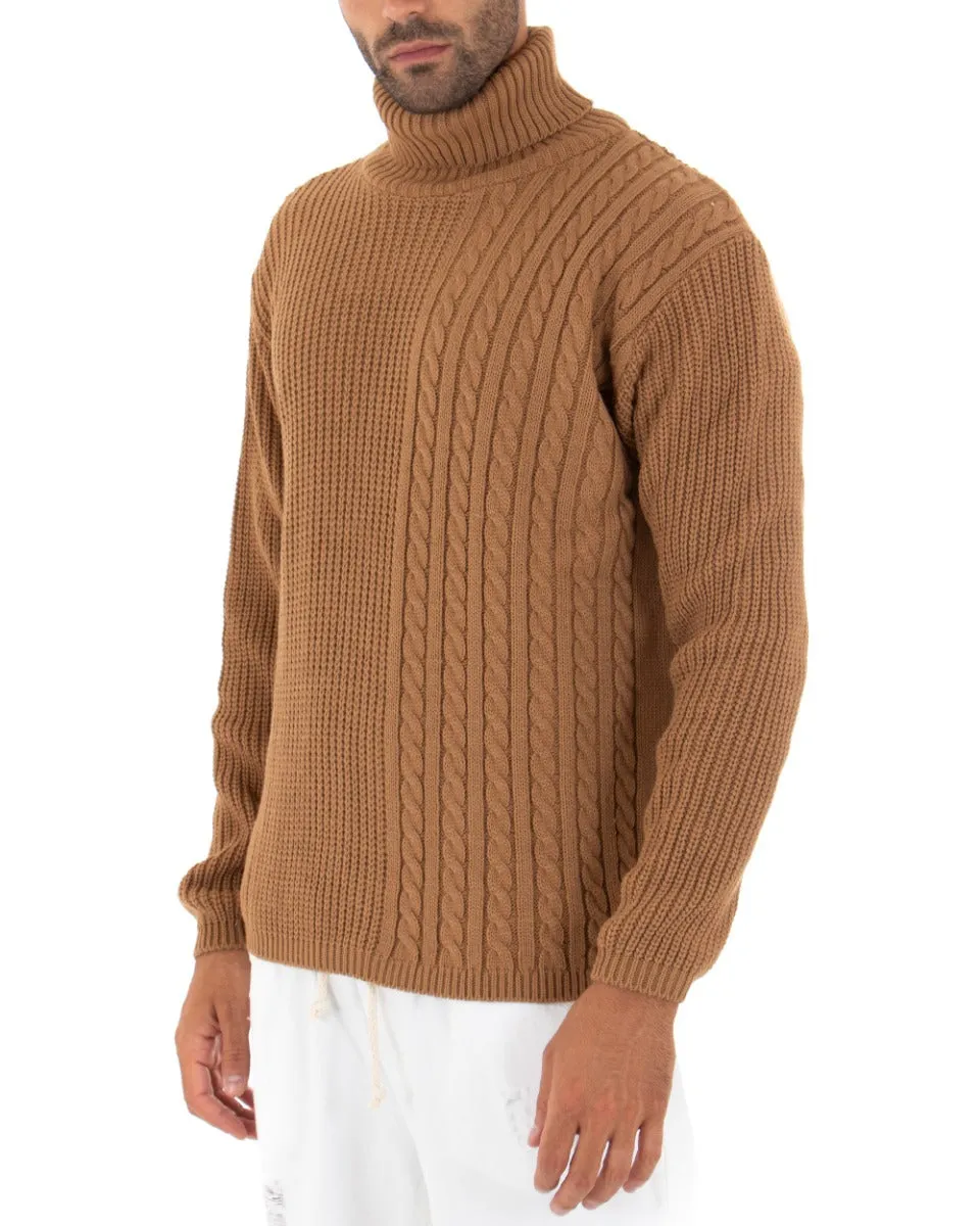 Maglioncino Uomo Collo Alto Tinta Unita Camel Maglia Dolcevita Trecce GIOSAL-M2314A