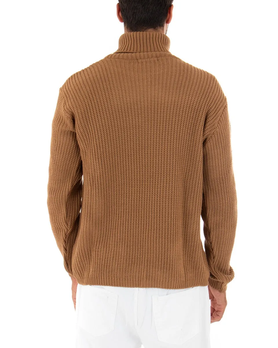 Maglioncino Uomo Collo Alto Tinta Unita Camel Maglia Dolcevita Trecce GIOSAL-M2314A