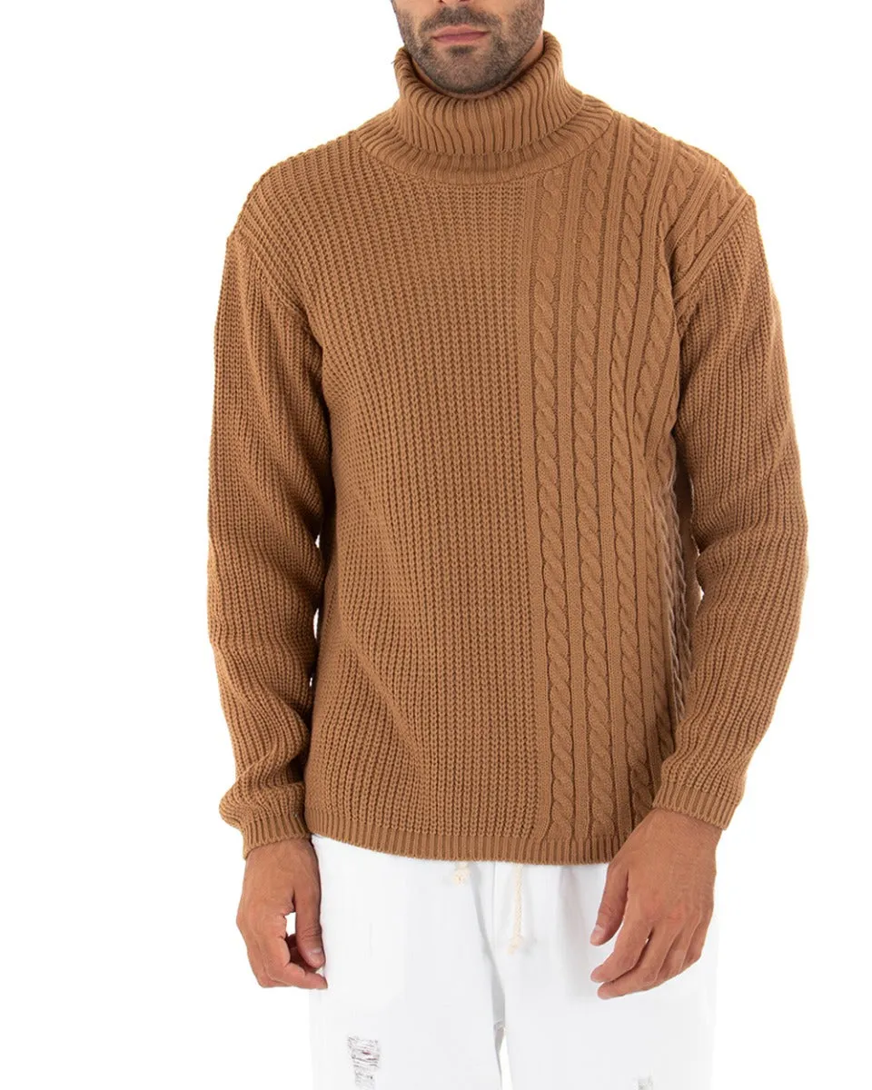 Maglioncino Uomo Collo Alto Tinta Unita Camel Maglia Dolcevita Trecce GIOSAL-M2314A