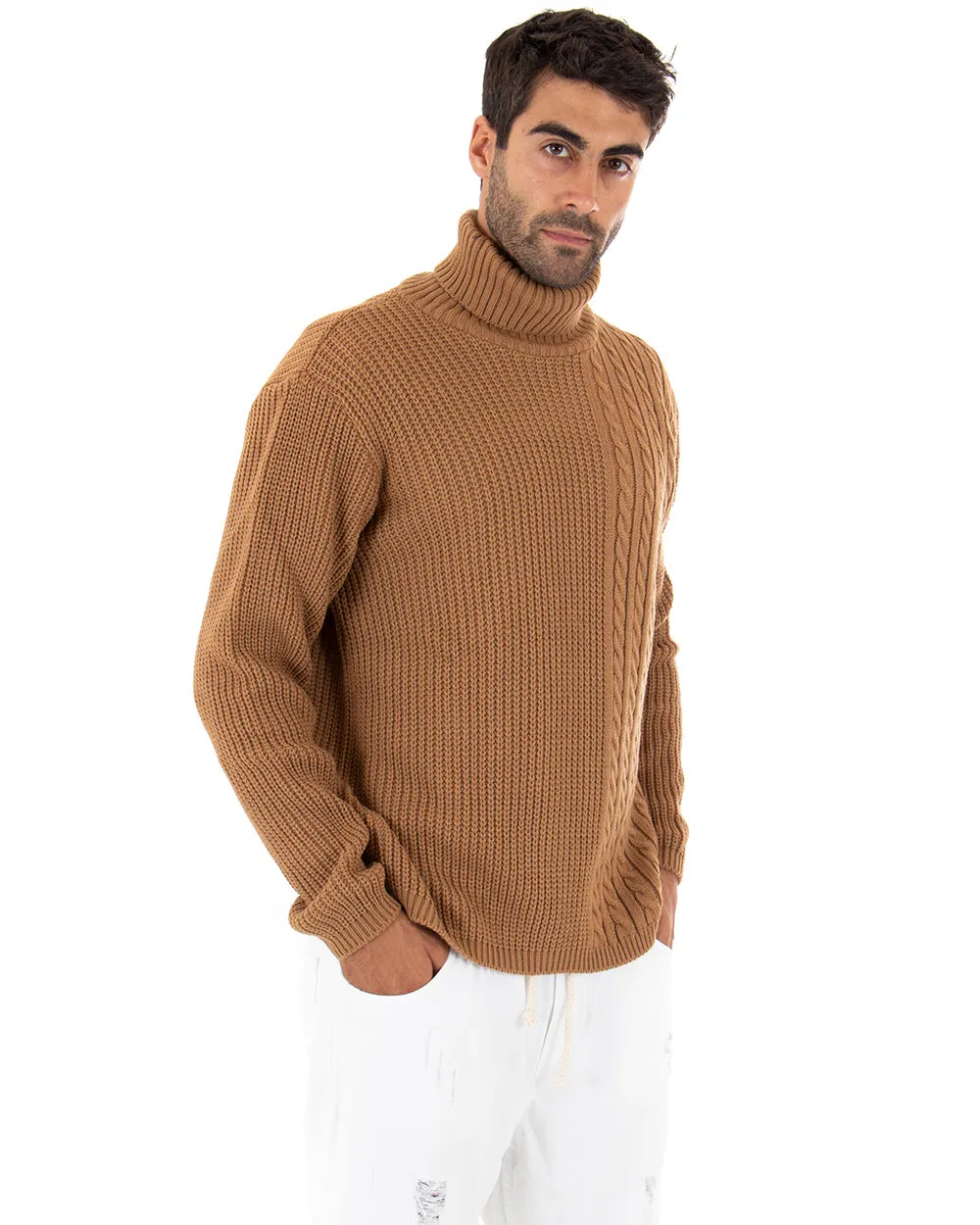 Maglioncino Uomo Collo Alto Tinta Unita Camel Maglia Dolcevita Trecce GIOSAL-M2314A