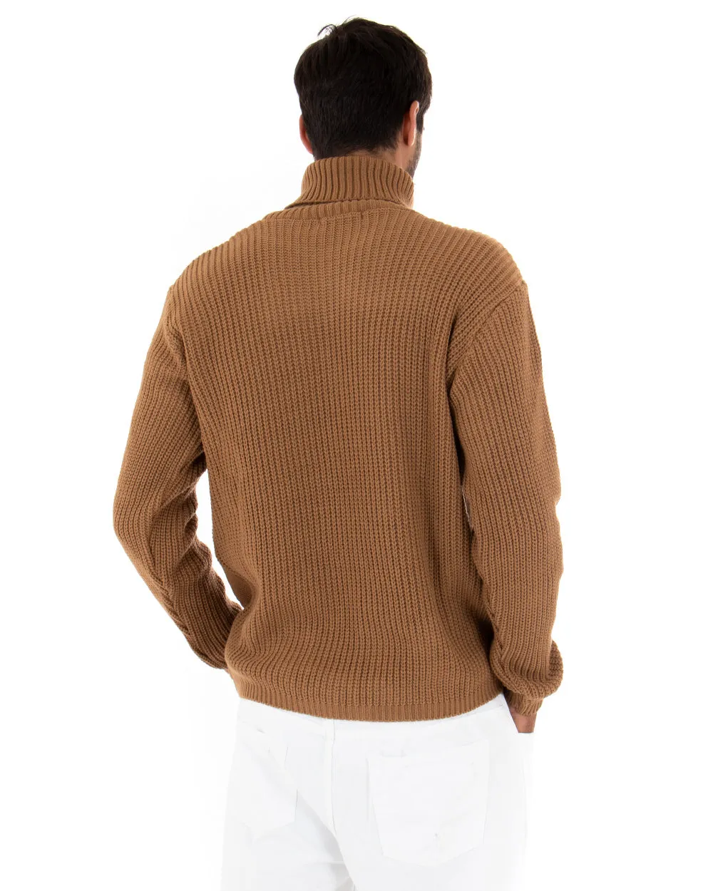 Maglioncino Uomo Collo Alto Tinta Unita Camel Maglia Dolcevita Trecce GIOSAL-M2314A