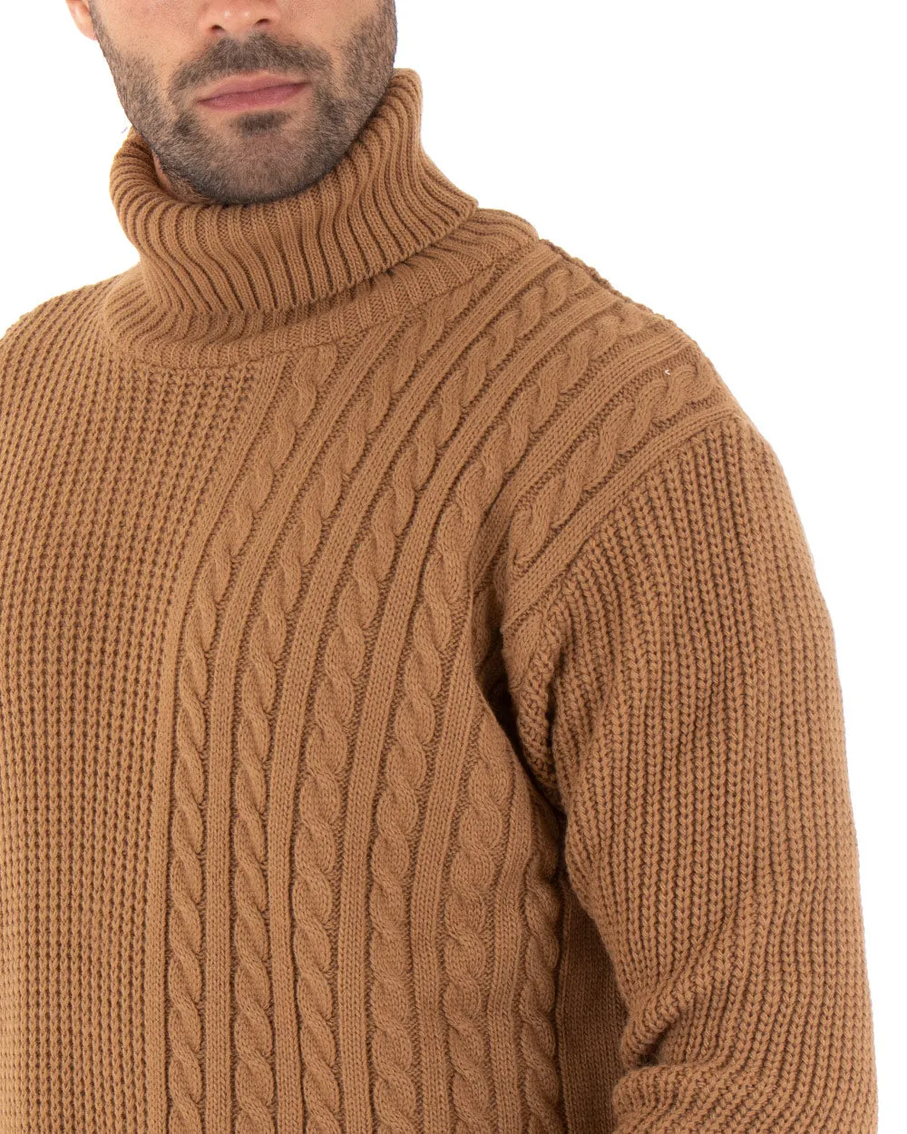 Maglioncino Uomo Collo Alto Tinta Unita Camel Maglia Dolcevita Trecce GIOSAL-M2314A