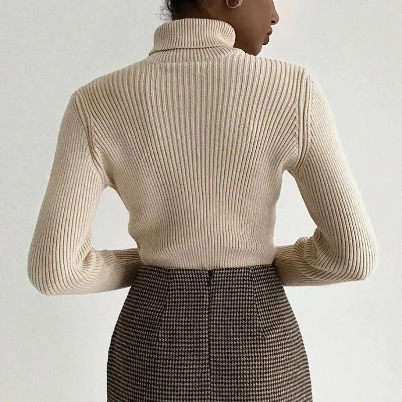 Maglione Collo Alto Coste Donna Tinta Unita Manica Lunga Caldo Slim Fit Aderente Elastico Casual