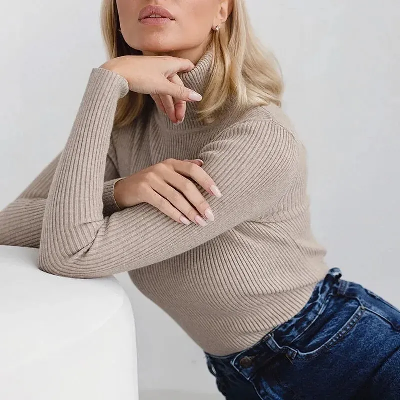 Maglione Collo Alto Coste Donna Tinta Unita Manica Lunga Caldo Slim Fit Aderente Elastico Casual