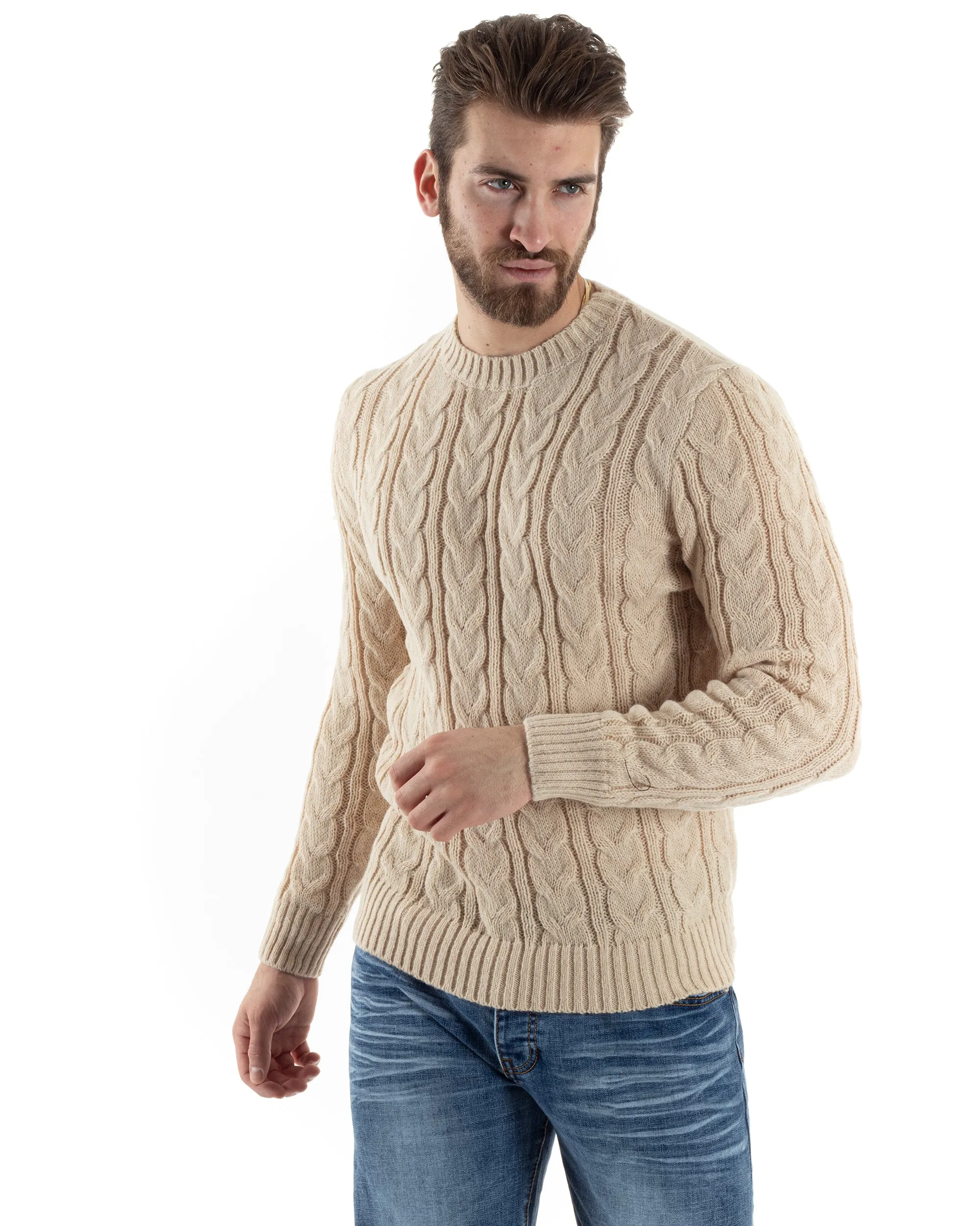 Maglione Con Trecce Uomo Girocollo Maglia Maglioncino Intrecciato Beige GIOSAL-M2802A