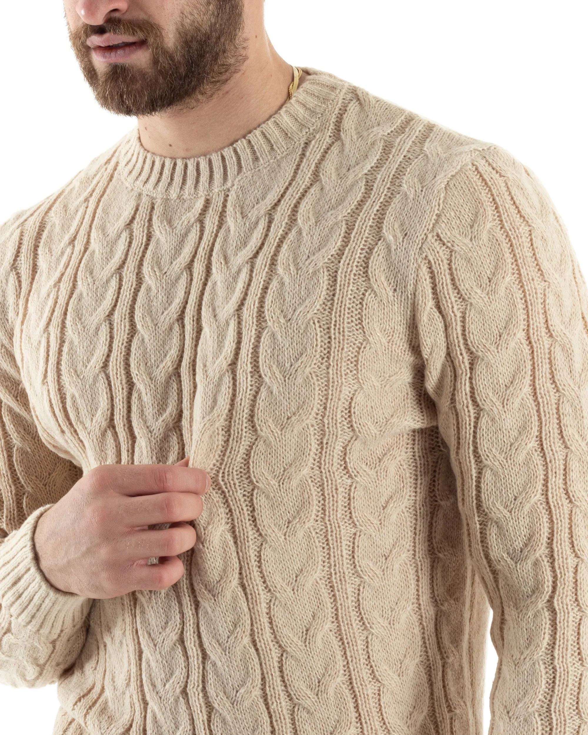 Maglione Con Trecce Uomo Girocollo Maglia Maglioncino Intrecciato Beige GIOSAL-M2802A