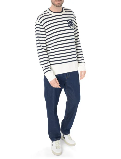 Maglione Maison Kitsuné Fox Head Intarsia a righe bianche a blu