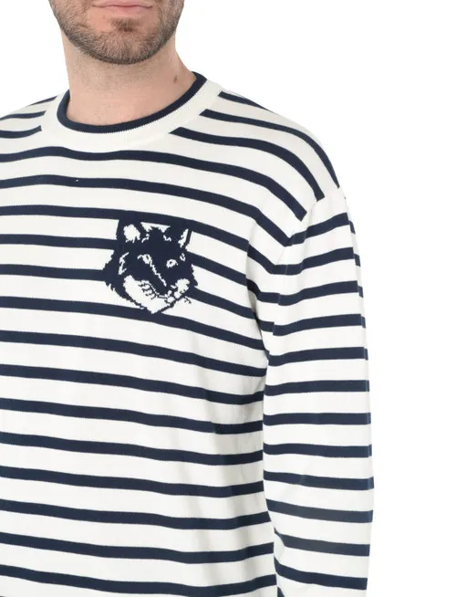 Maglione Maison Kitsuné Fox Head Intarsia a righe bianche a blu