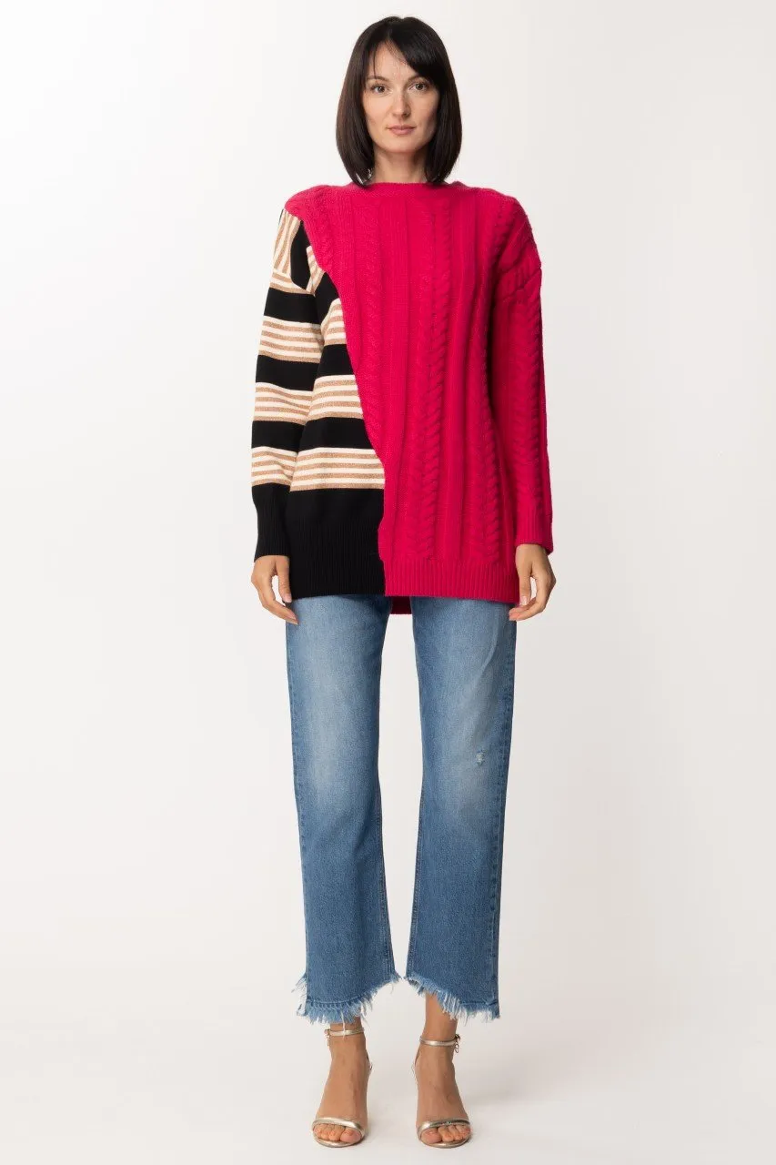 Maglione patchwork con inserto a righe MUL PURPLE BERRY/NERO RIGA