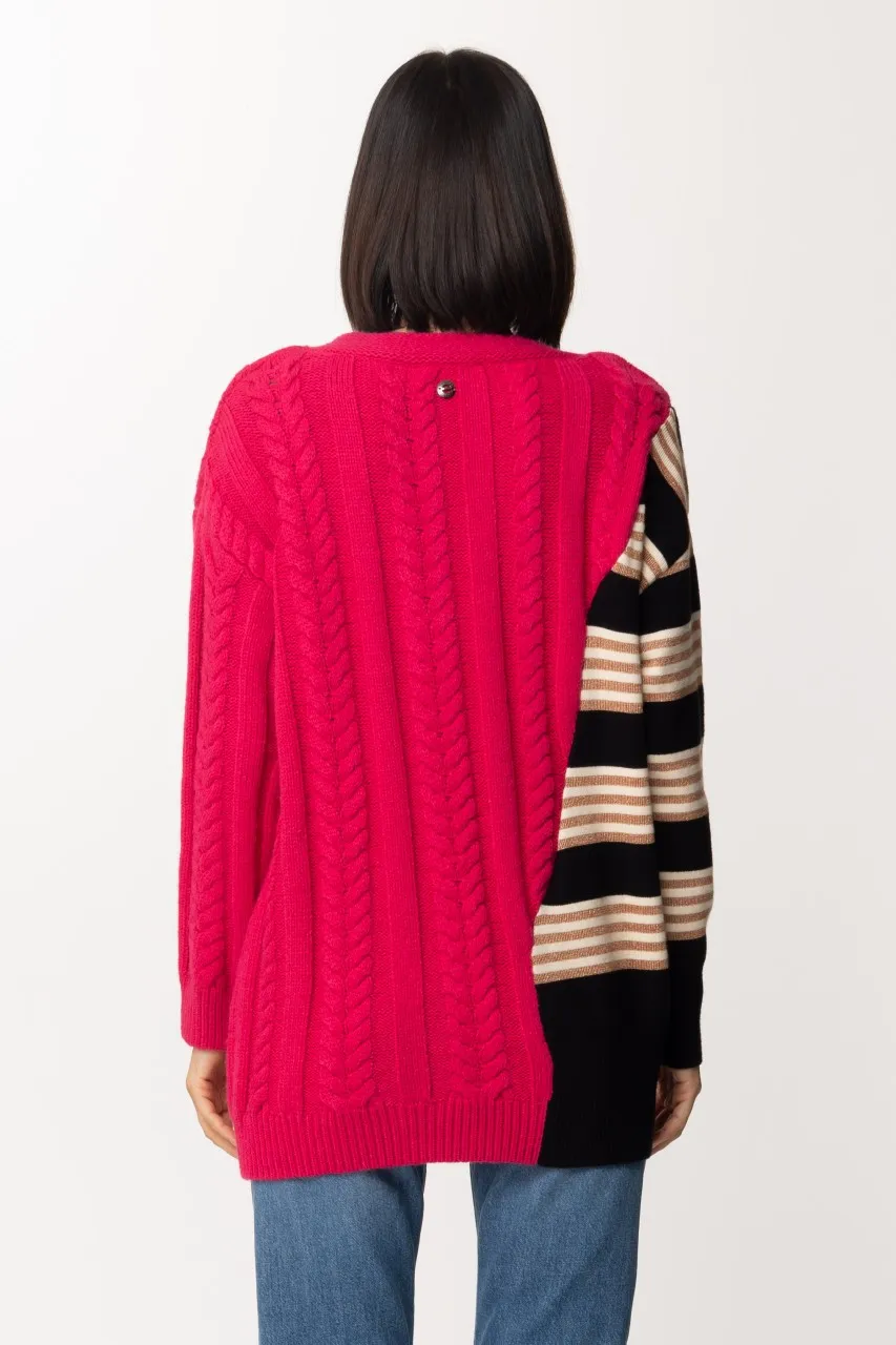 Maglione patchwork con inserto a righe MUL PURPLE BERRY/NERO RIGA