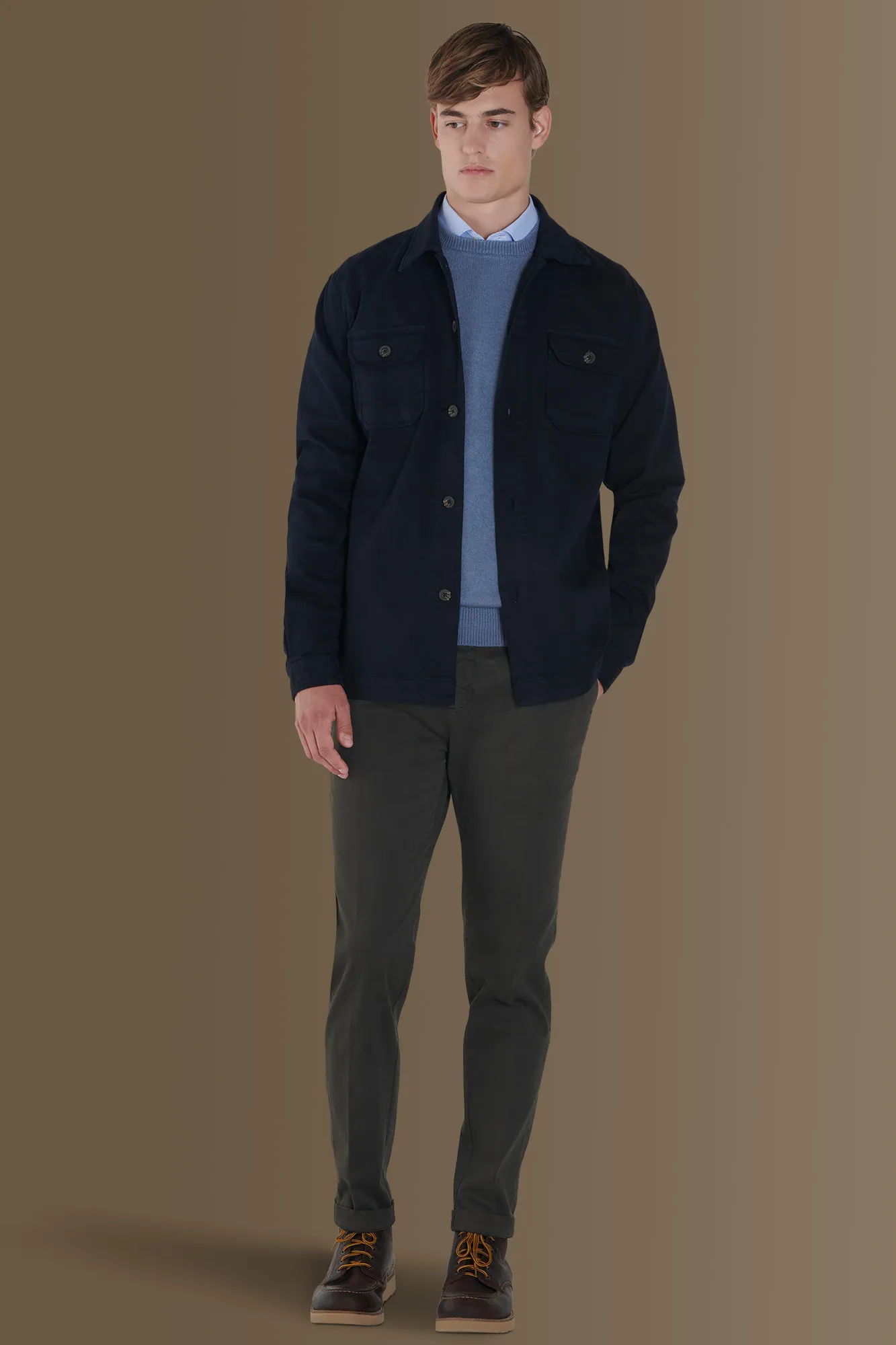 Overshirt uomo tinta unita tessuto costruzione twill