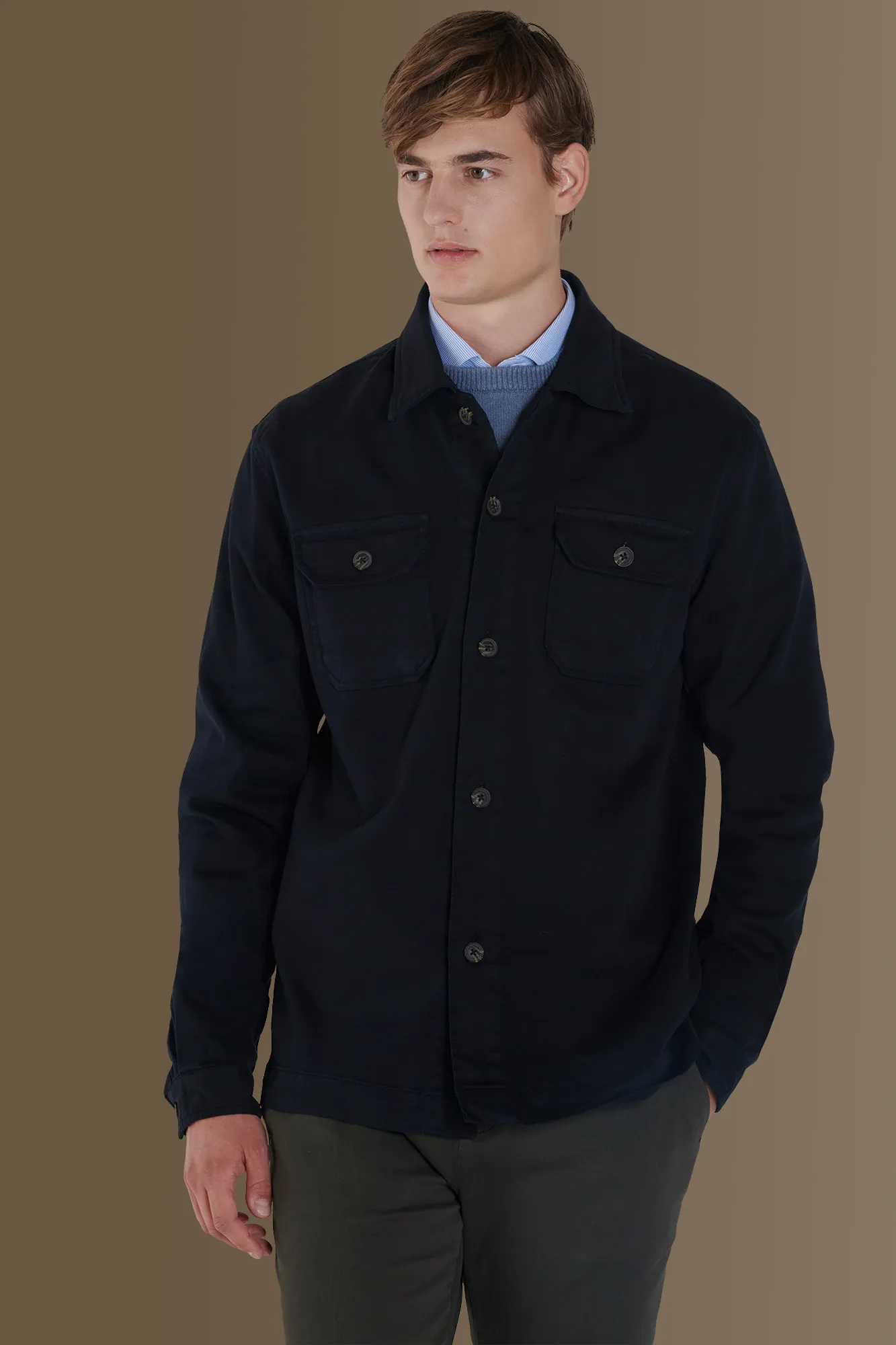 Overshirt uomo tinta unita tessuto costruzione twill