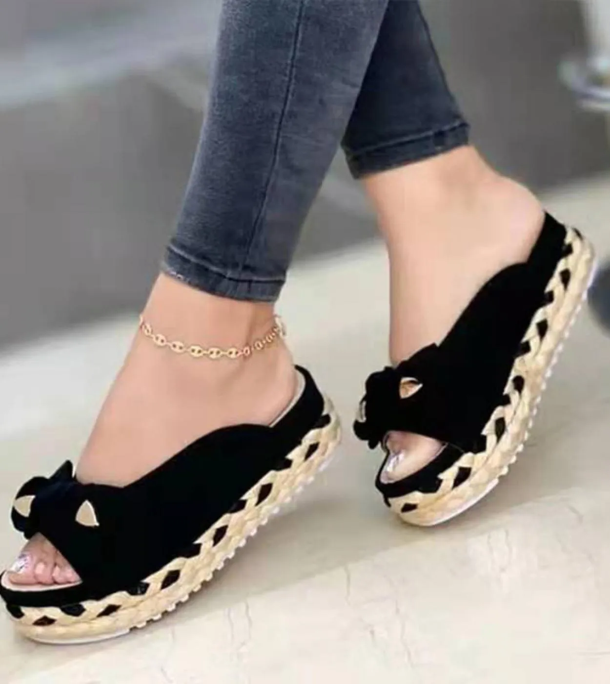 Pantofole da donna intrecciate con suola spessa Sandali da donna con cuciture morbide Sandali piatti comodi da donna Scarpe da s
