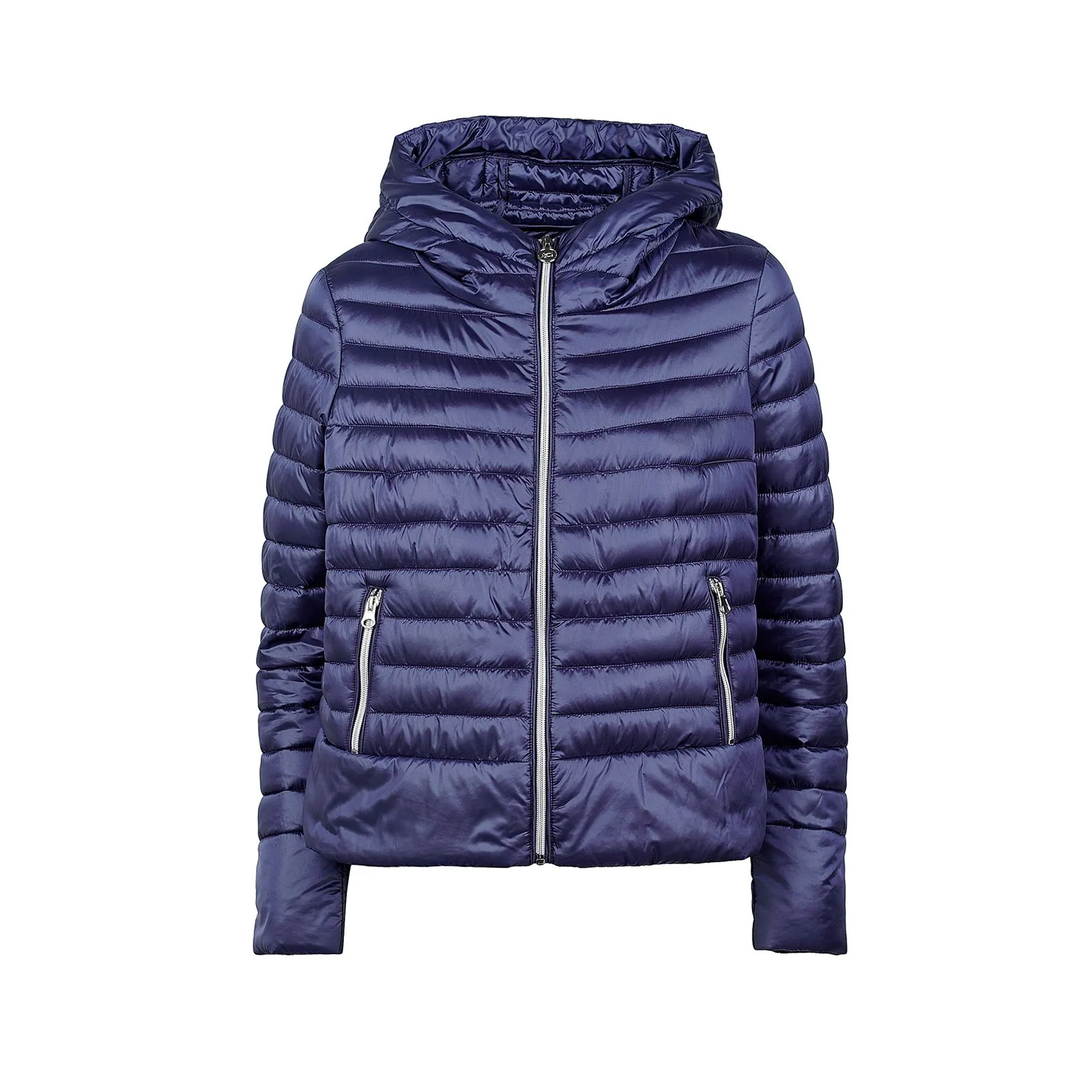 Piumino leggero blu con cappuccio e maniche lunghe