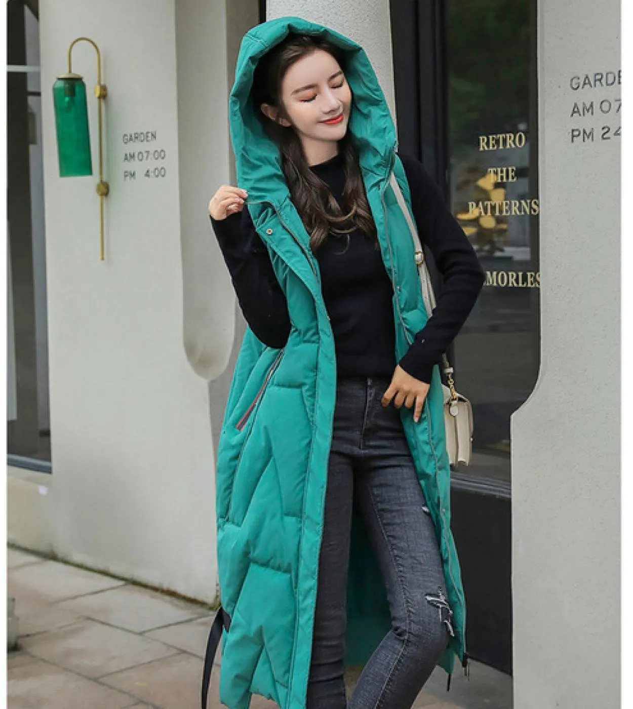 Piumino senza maniche da donna Piumino lungo alla moda Giacca con cappuccio Autunno Inverno Caldo gilet trapuntato leggero Tasch