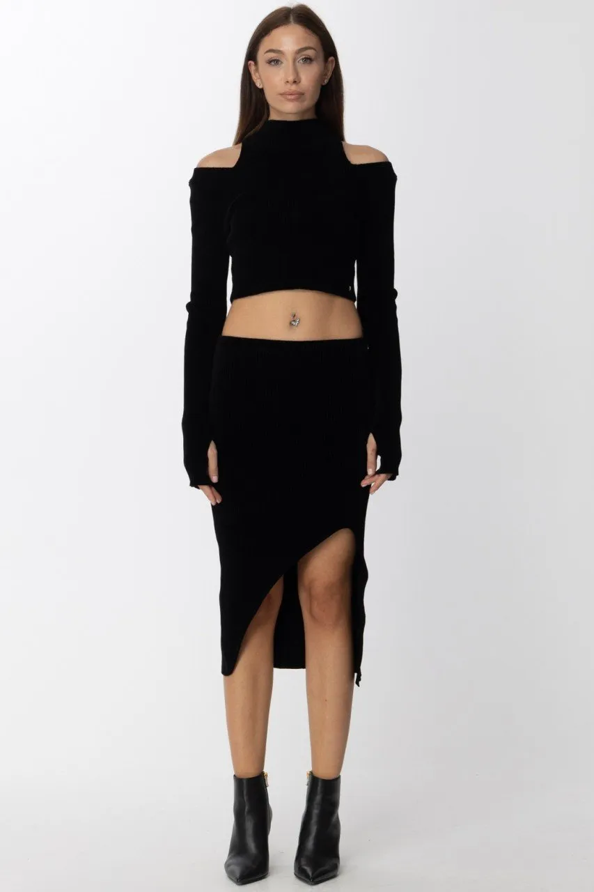 Pullover crop a costine con collo alto Black