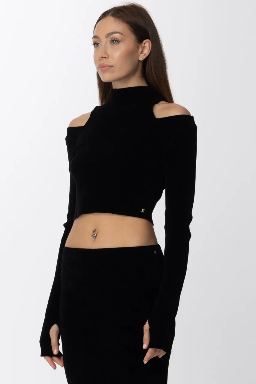 Pullover crop a costine con collo alto Black