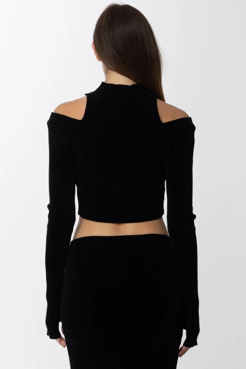 Pullover crop a costine con collo alto Black