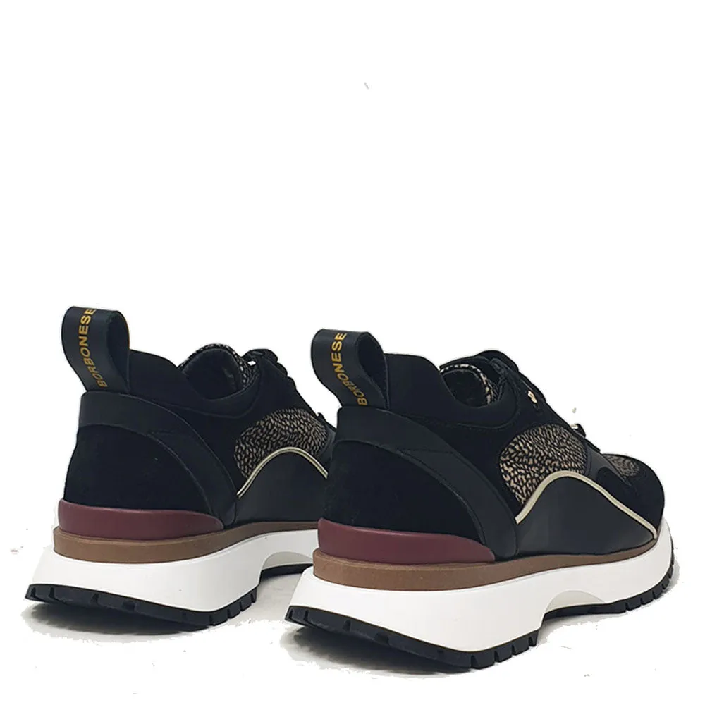 Scarpe Donna BORBONESE Sneakers Running in Pelle Nera con Inserti in Tessuto OP Naturale