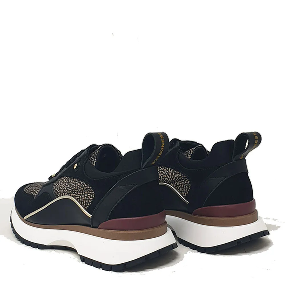 Scarpe Donna BORBONESE Sneakers Running in Pelle Nera con Inserti in Tessuto OP Naturale