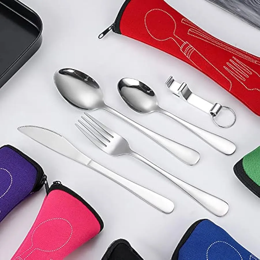 Set di posate da campeggio con borsa in neoprene, set di posate in acciaio inossidabile, set di utensili da campeggio portatile 