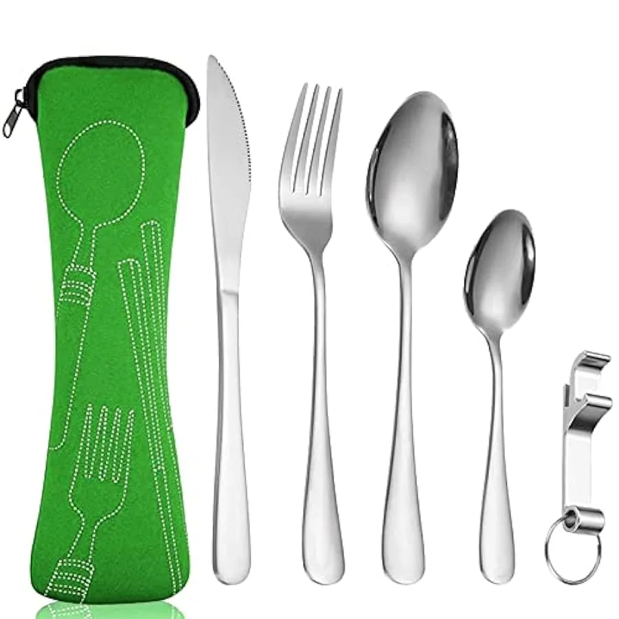 Set di posate da campeggio con borsa in neoprene, set di posate in acciaio inossidabile, set di utensili da campeggio portatile 