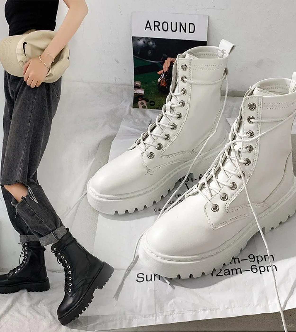 Stivaletti bianchi Platform Scarpe da donna bianche Stivali Piattaforma da moto Botas Stivali da donna