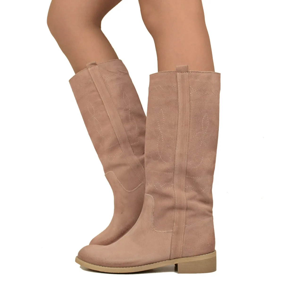 Stivali Camperos Donna Scamosciati color Rosa con Ricami