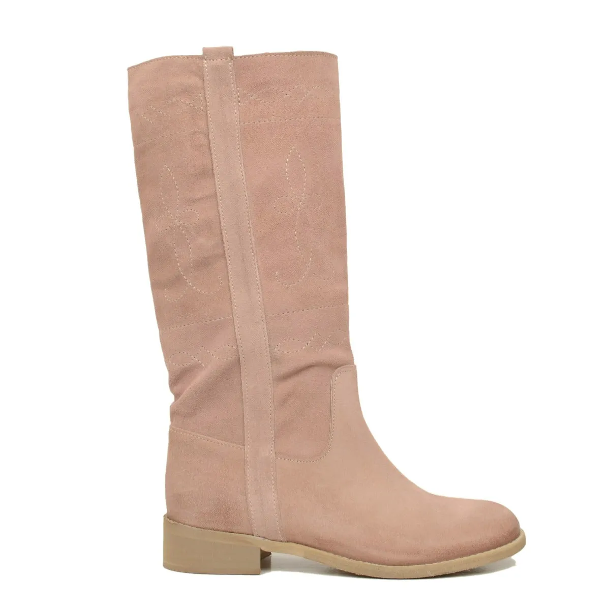 Stivali Camperos Donna Scamosciati color Rosa con Ricami