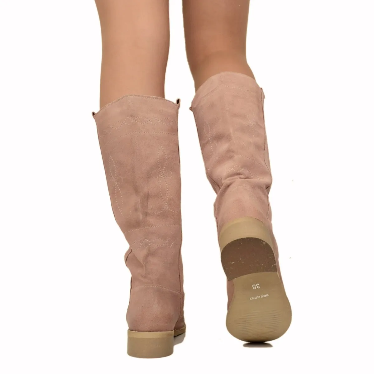 Stivali Camperos Donna Scamosciati color Rosa con Ricami