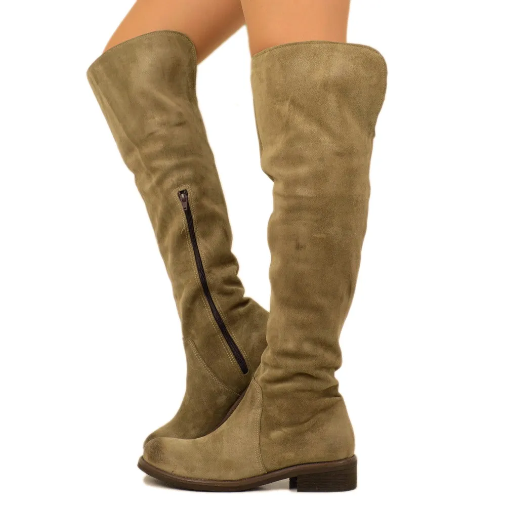 Stivali Donna Alti Classici Taupe in Camoscio con Zip Laterale